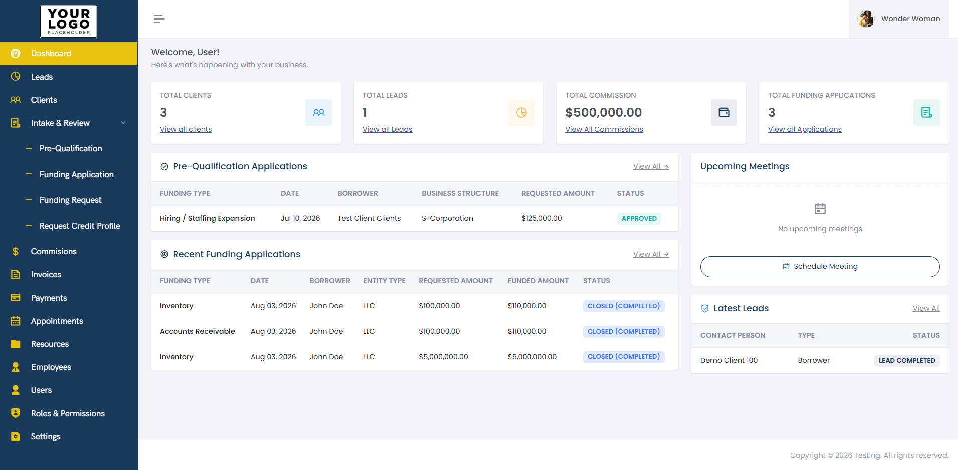 White-label partner dashboard displaying the partner's own logo alongside leads, clients, intake and review, commissions, invoices, payments, appointments, resources, employees, users, roles and permissions, and settings